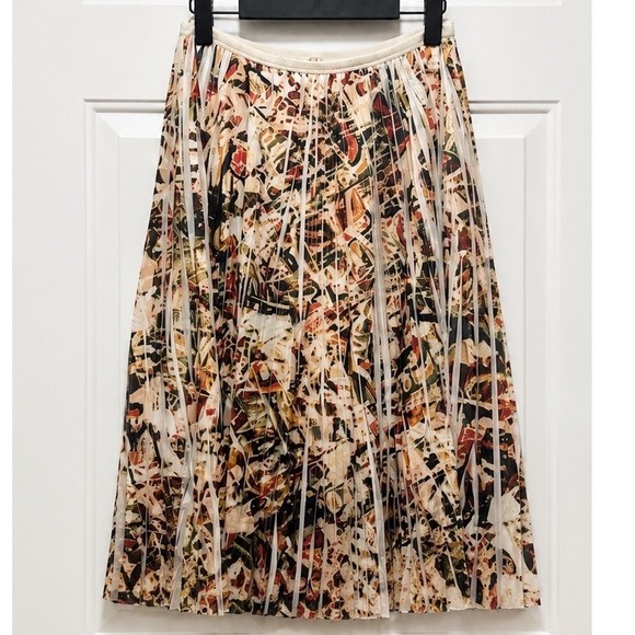 Lapis Dresses & Skirts - Lapis Pleated Midi Skirt Medium Abstract Floral Boho Elastic Art Waist Beige